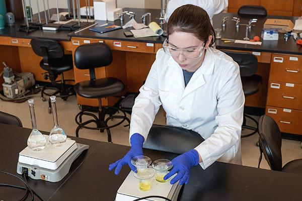 Chemistry student heating a yellow substance on a lab hot plate